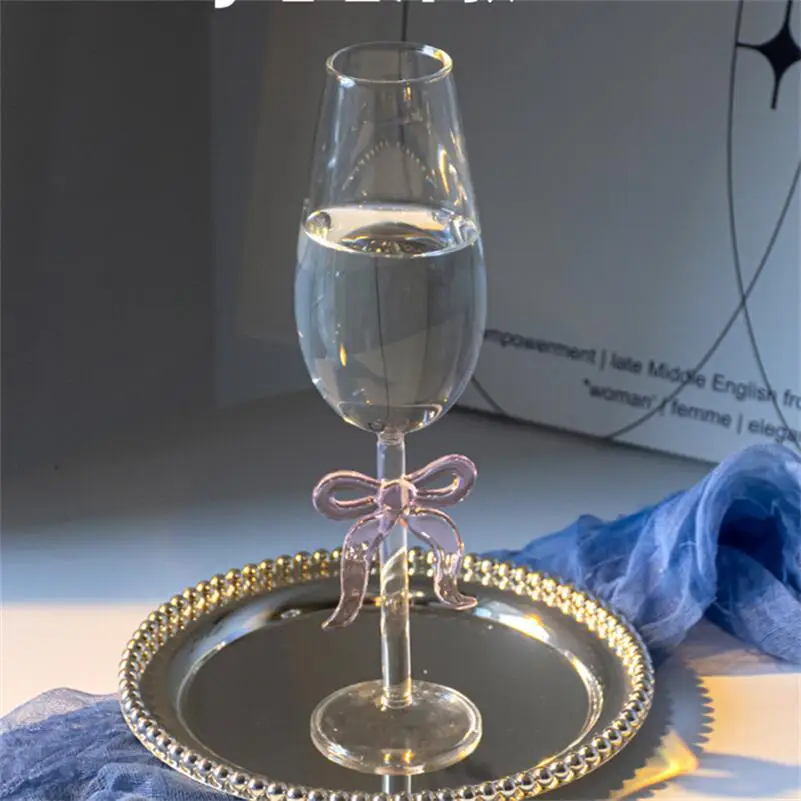 Creative Pink Bow Goblet Champagne Glass Transparent Simple Home Liqueur Cute Wedding Holiday Gift