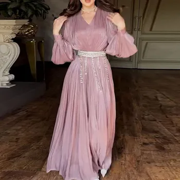 Lady Lantern Sleeve Big Hem Dresses Fashion V-neck Ruffles Gauze Evening Dress Temperament High Waist Solid Color Banquet Dress 1