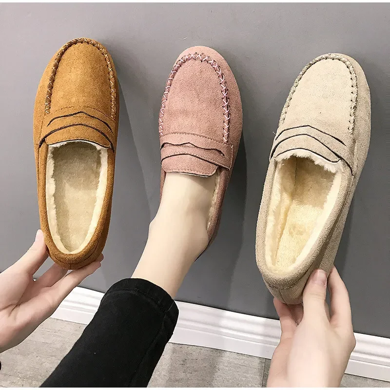 Winter Women Shoes Flats Loafers Short Flock Inside Sewing Slip-On Casual Ladies Non-Slip Bottom Warm Female Comfortable Shoes