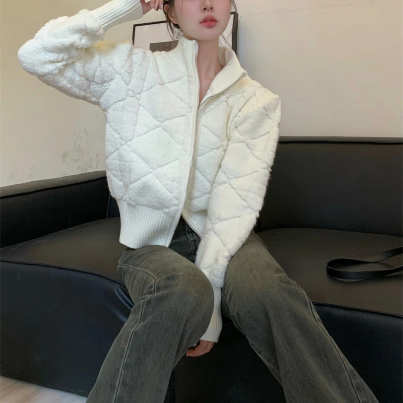 

Rhomboid Cropped Cardigan for Women Sueter Mujer Solid Long Sleeve Casual Zipper Pull Femme Casual Knitted Fashion Sweater Coat
