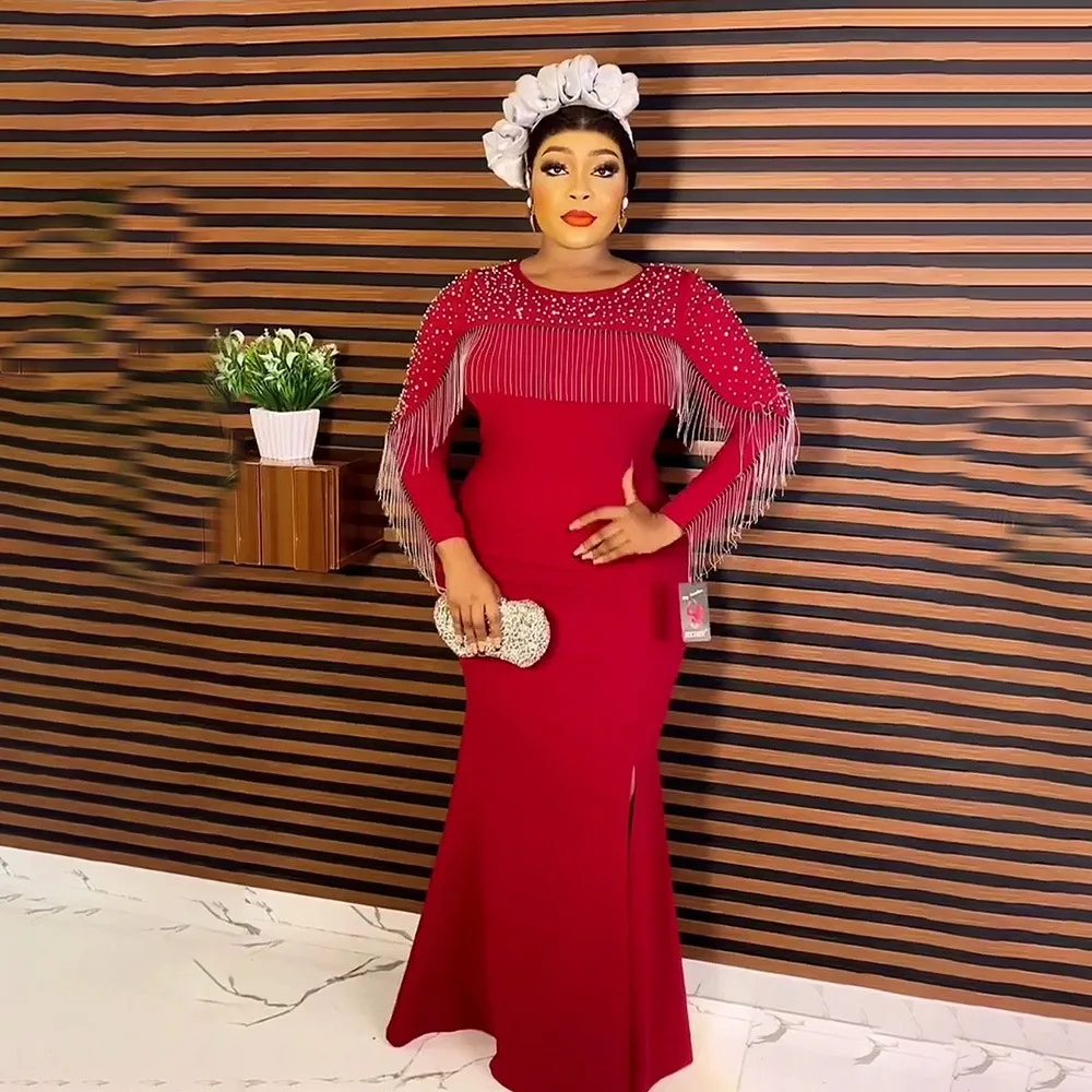 

African Prom Dresses 2023 Luxury Gown Design Dashiki Rhinestone Tassel Slim Abayas Elastic Robe Sexy Long Dress for Party Ladies