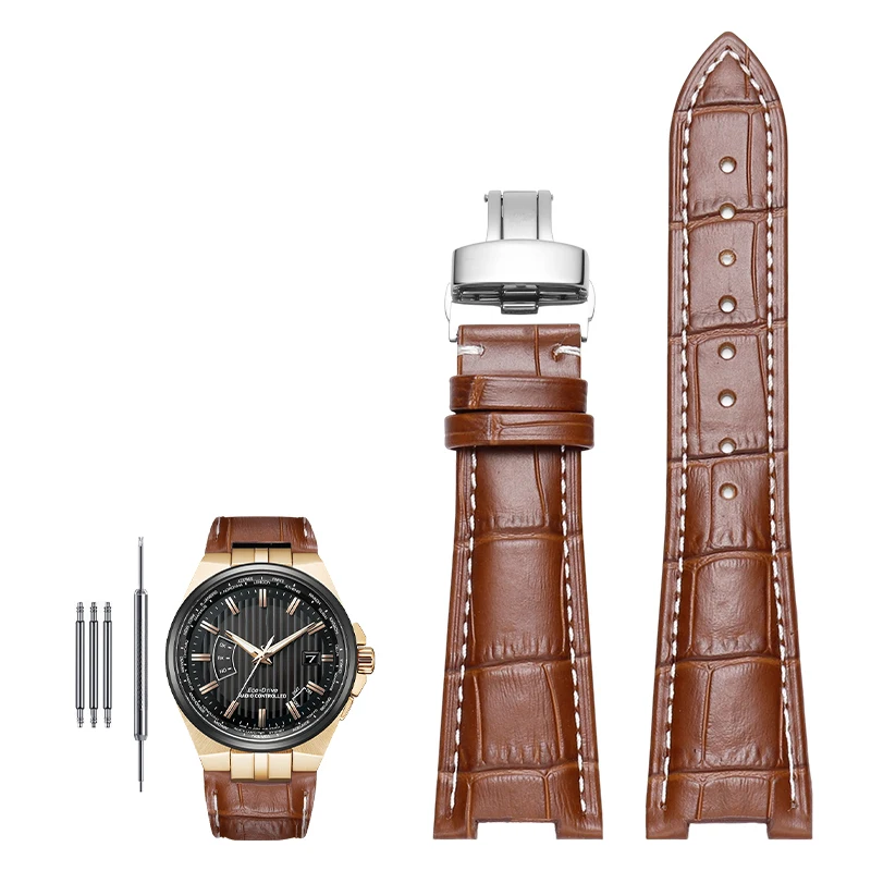 Genuine Leather Notched Watchband for Men's Watches, 24x13mm
