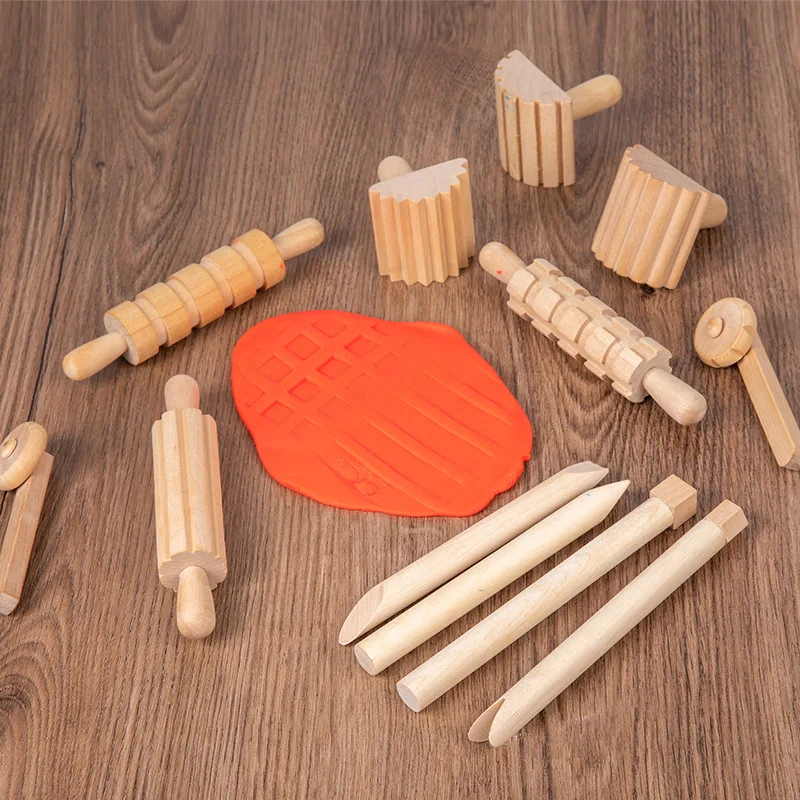 Children Kitchen Play Set Plasticine Accessory DIY Slime Play Dough Wooden Tools Roller Stamp Rolling Pin Spoon Pretend Utensils 3