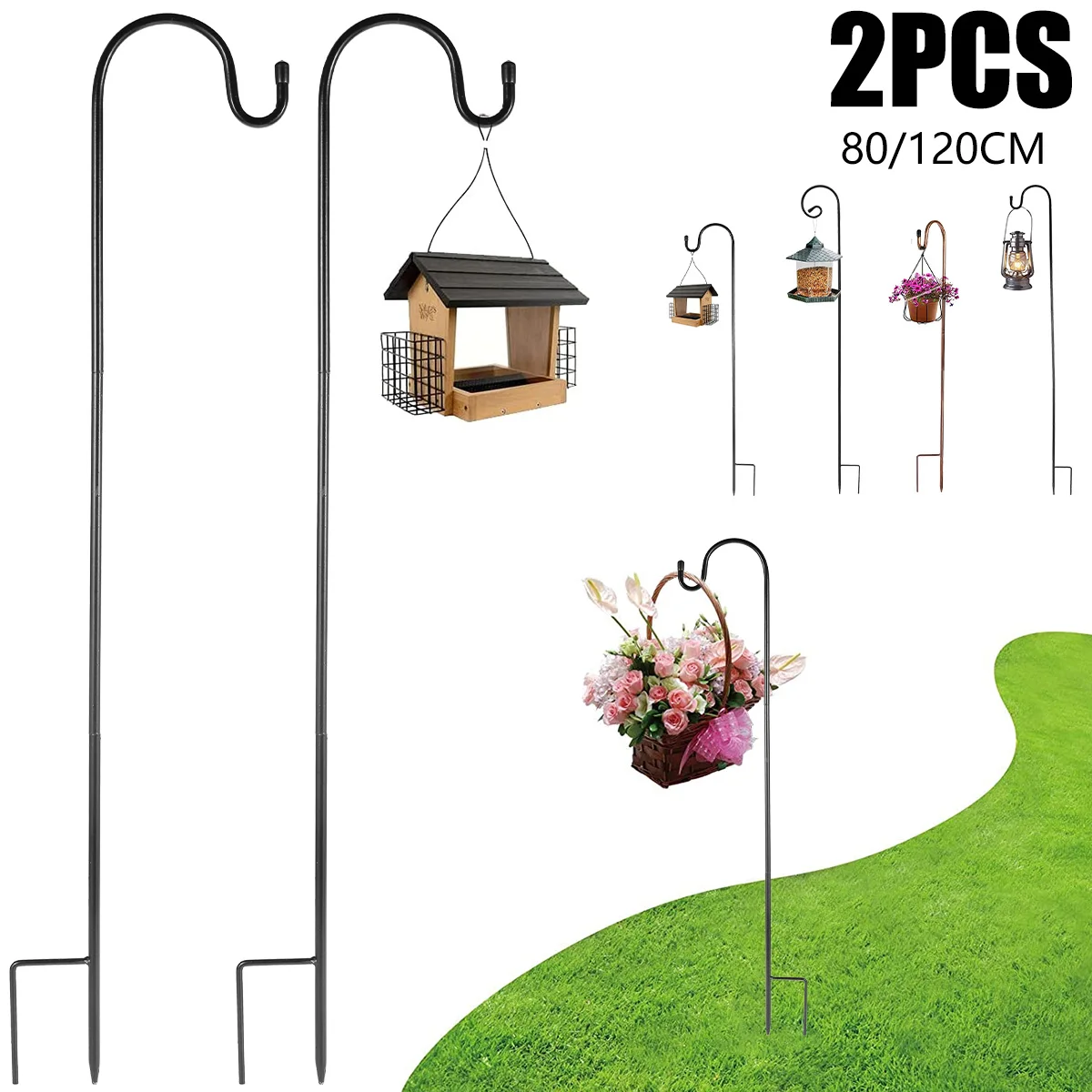 2Pcs Shepherds Hooks Hanging Plant Stake Bird Feeder Flower Pot Stand Outdoor Lantern Iron Hanger Stake Garden lawn Decor