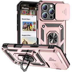 Rotating Slide Camera Lens Protection Armor Case with Ring Stand - iPhone 12 Mini (Rose Gold)