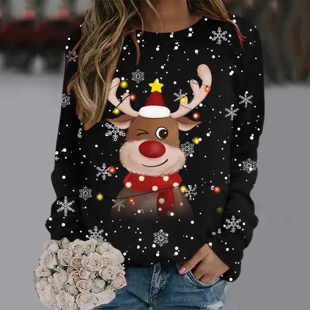 Cotton Christmas Pullover Womens & Girls Xmas Pattern Snowflakes & Reindeer Heads Full Printed Long Sleeve New Year Sweatshirt 4