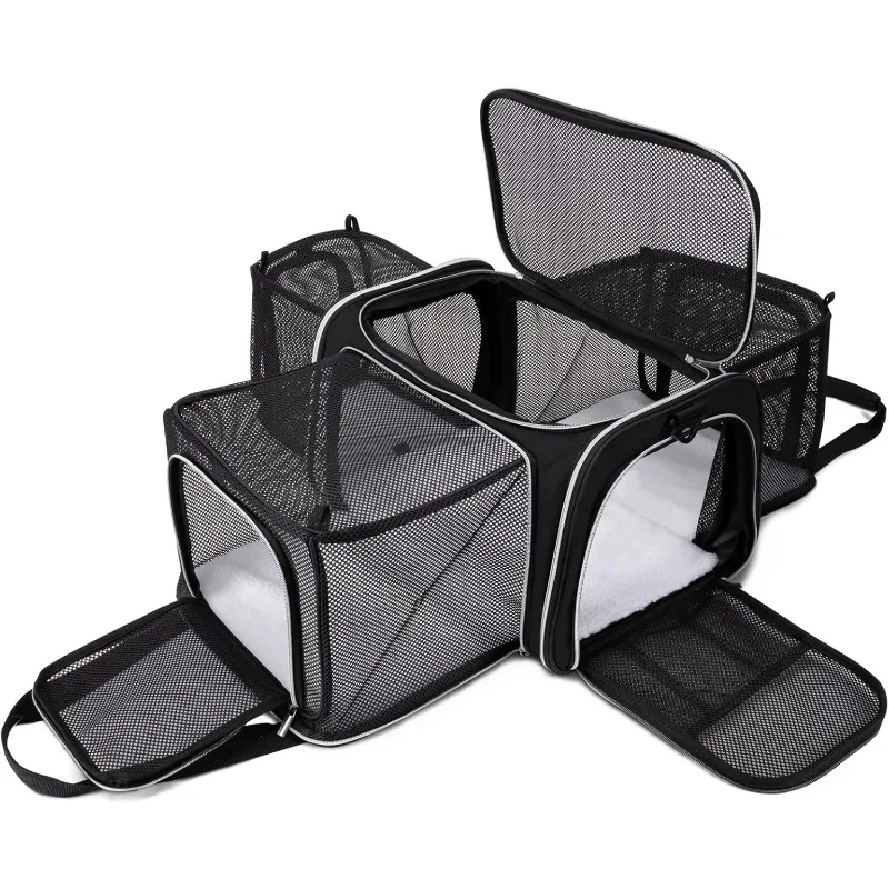 Airline Approved Cat Carrier Bag Soft Side Pet Travel 5 Sides Open Doors 3 Sides Expandable Foldable Dog Carrier with Fleece Pad