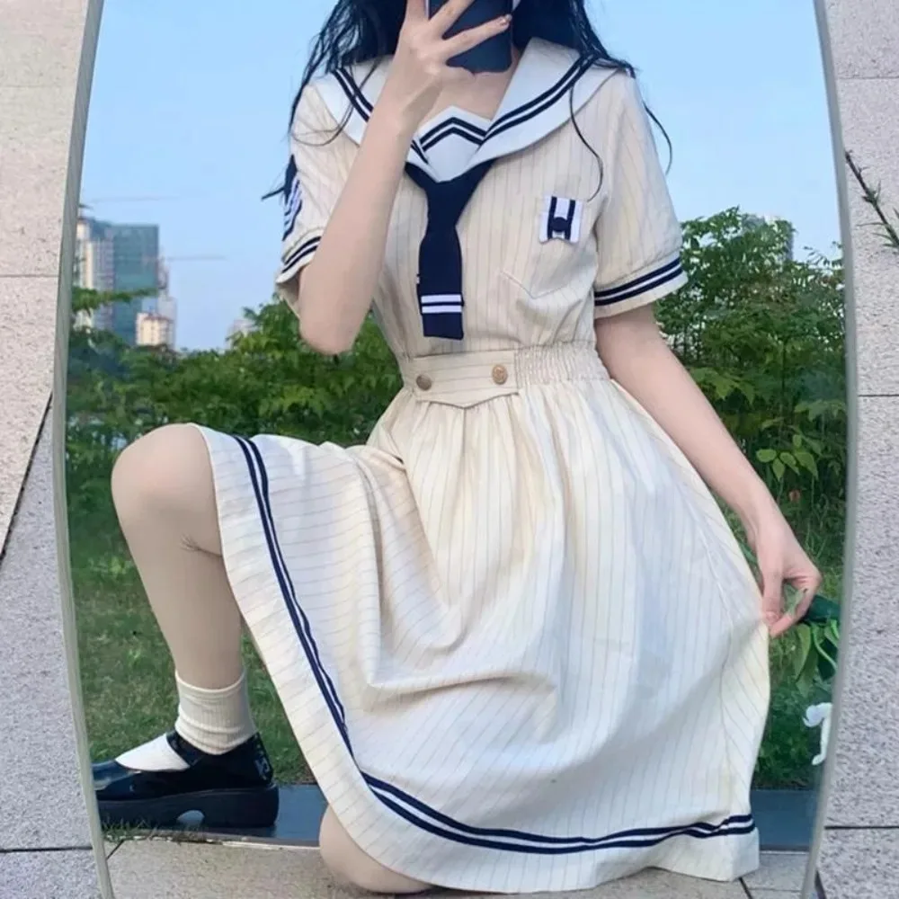 프레피 일본 대학 JK 플리츠 드레스, 중학교 여학생을 위한 여름 교복, 캠퍼스 생활 및 애니메이션 코스프레를 위한 데일리 의상