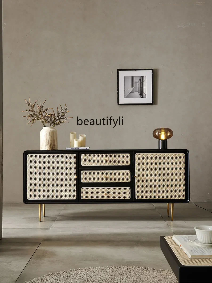 

Nordic Solid Wood Three-Bucket Cabinet Simple Rattan Locker Drawer Low Cabinet Entrance Cabinet Sideboard