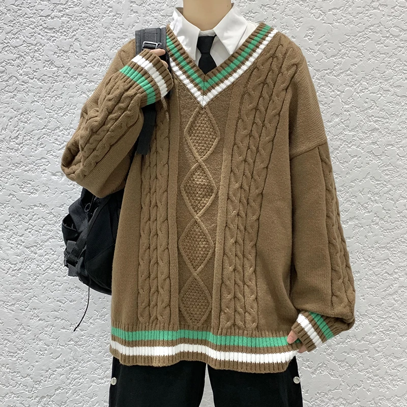 Winter Sweaters Men Warm Retro V-neck Knitted Pullovers Men Streetwear Korean Loose Long Sleeved Sweaters Mens Jumper Clothes 4