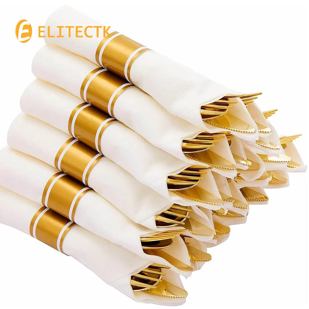 40 Pieces of Pre-Rolled Golden Plastic Silverware Disposable Cutlery and Napkin Suitable for 10 People Dinner Party Wedding