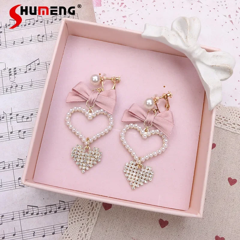 Sweet Bow Heart Shape Rhinestone Ear Clip Lady Hand-Made Pearl 925 Silver Pin Earrings Needle Women's Accessories 2023
