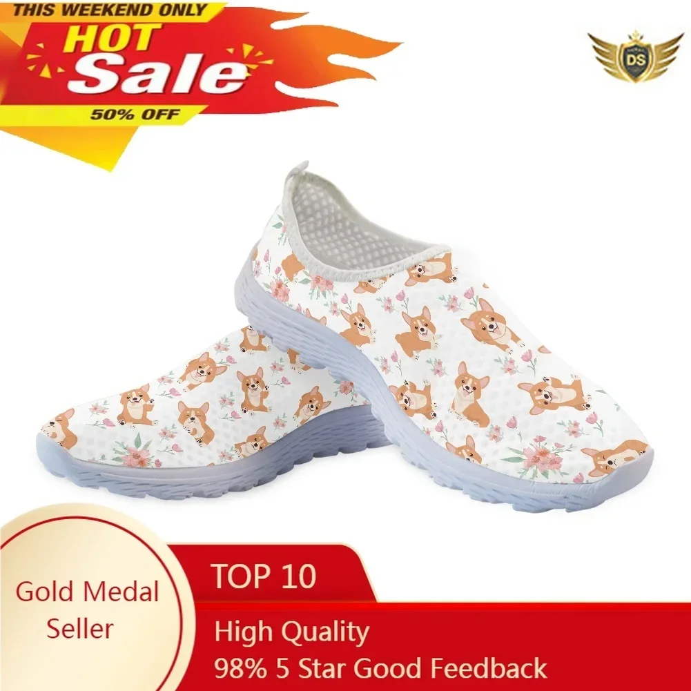 Women Casual Shoes Floral Corgi Leisure Sneaker Lightweight Flat Shoes Summer Walking Loafers Custom Zapatos Mujer