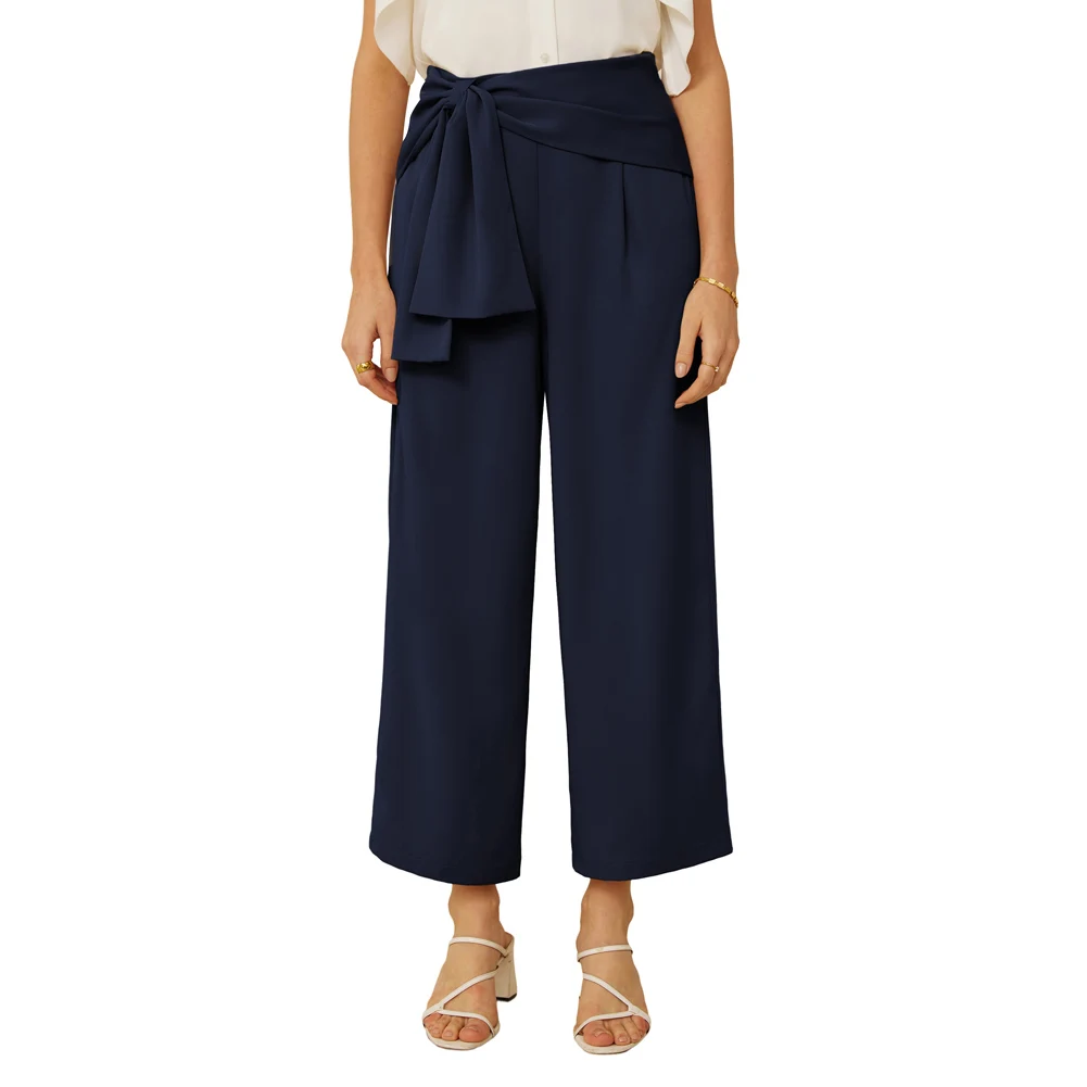 GK Women Straight Leg Capri Pants OL Elastic Waist With Overlay Decorated Zip-up Fashion Ankle Length Pants Casual Streetwear