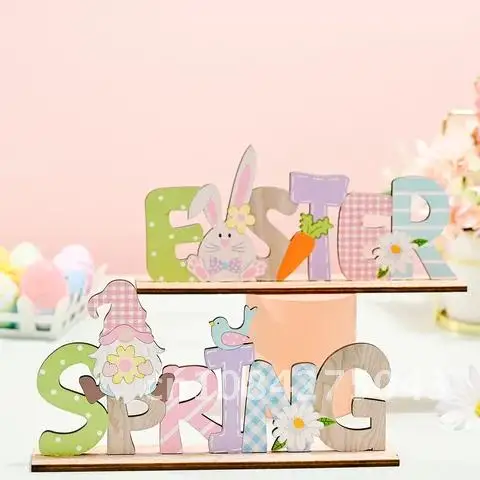 

Wooden Easter Bunny Desktop Ornament Painted Easter Eggs Rabbit Chick Decor Happy Easter Party Supplies Easter Table Decor Gifts