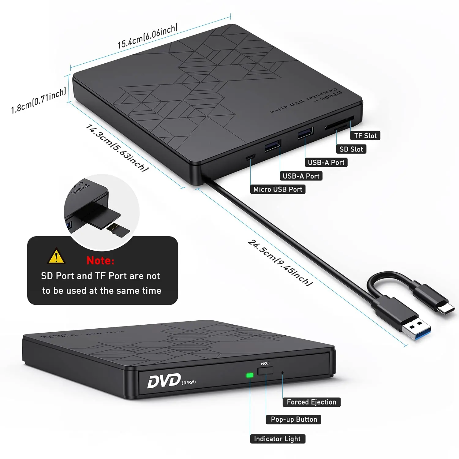 Dvd Externa com Porta Usb tipo c cd Rom Mais Adaptador rw Gravador de Dvd para Laptop pc Computador Unidade de Disco Óptico Usb 3.0 Unidade de - Imagem 3