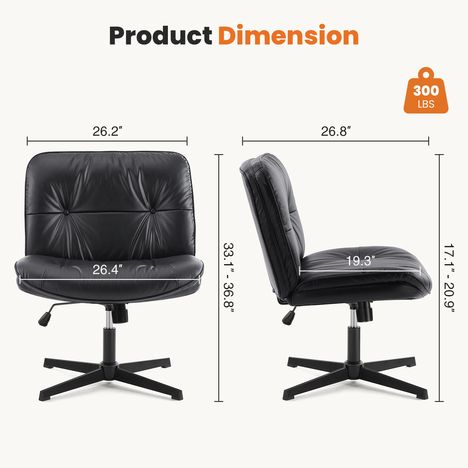 JHK PU Leather Cross Legged Office Chair Armless Desk Chair with Dual-Purpose Base Adjustable Swivel Fabric Task Vanity Home 4