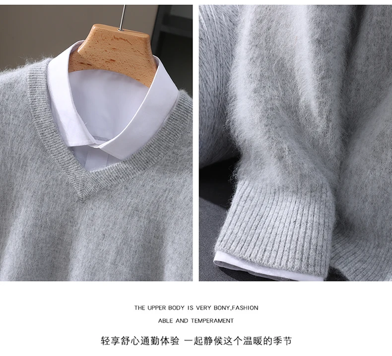 Men's 100% Pure Mink Cashmere Sweater V-neck Pullover Knit Bottoming Shirt Autumn And Winter New Long-Sleeve High-End Mink Tops