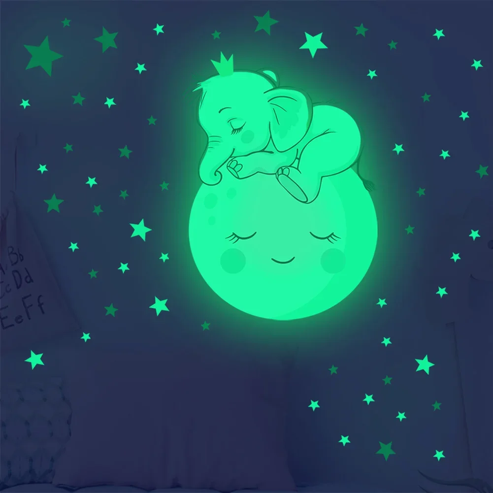

Baby Elephant Moon Sleeping Luminous Wall Sticker Kids Room Bedroom Decoration Decals Glow In The Dark Home Decor Stickers