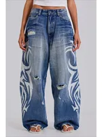 Deeptown Vintage Y2k Jeans déchirés pour femmes, imprimé Harajuku, bleu, baggy, denim délavé, pantalon hip hop grunge streetwear, jeans larges 1