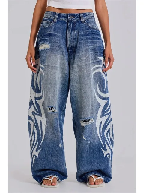 Deeptown Vintage Y2k Jeans déchirés pour femmes, imprimé Harajuku, bleu, baggy, denim délavé, pantalon hip hop grunge streetwear, jeans larges 1