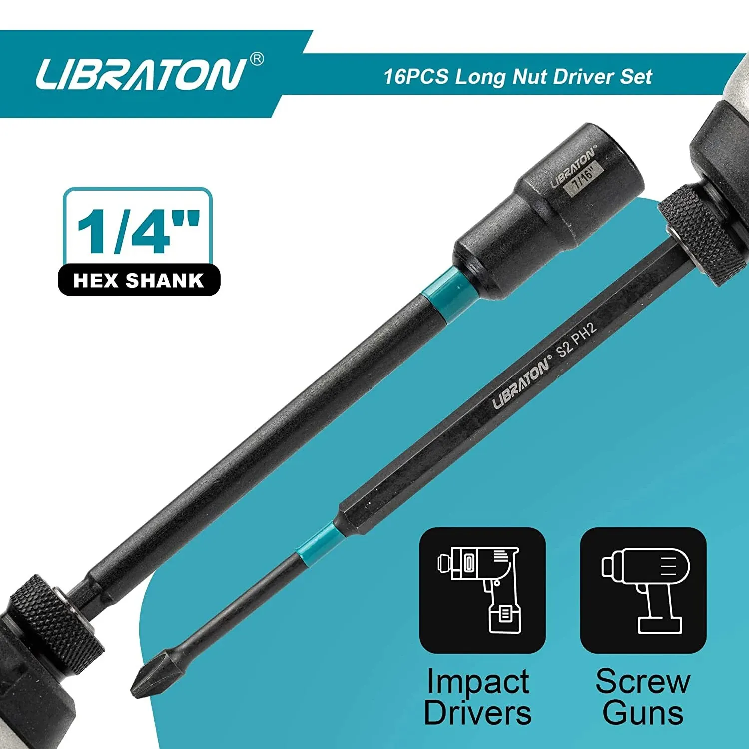 Libraton 16PCS Magnetic Nut Driver Set Metric & SAE Long Nut Drivers for Impact Drill Long Shank Nut Driver Bits Hex Shank PH1 2 4
