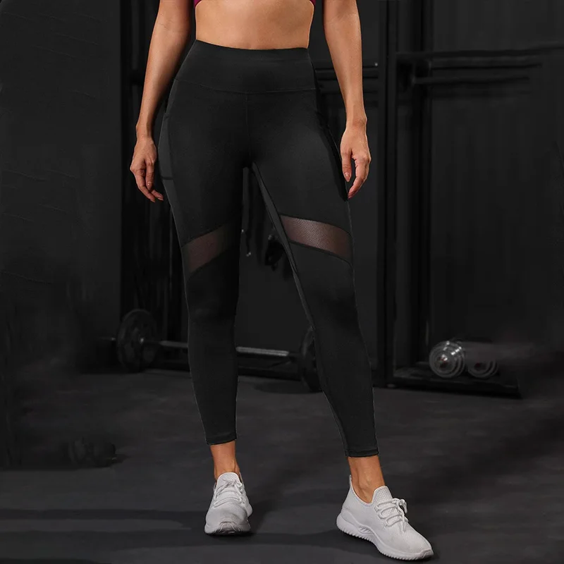 Sports Leggings Yoga Pants Women Mesh High Waist With Pockets Tummy Control Workout