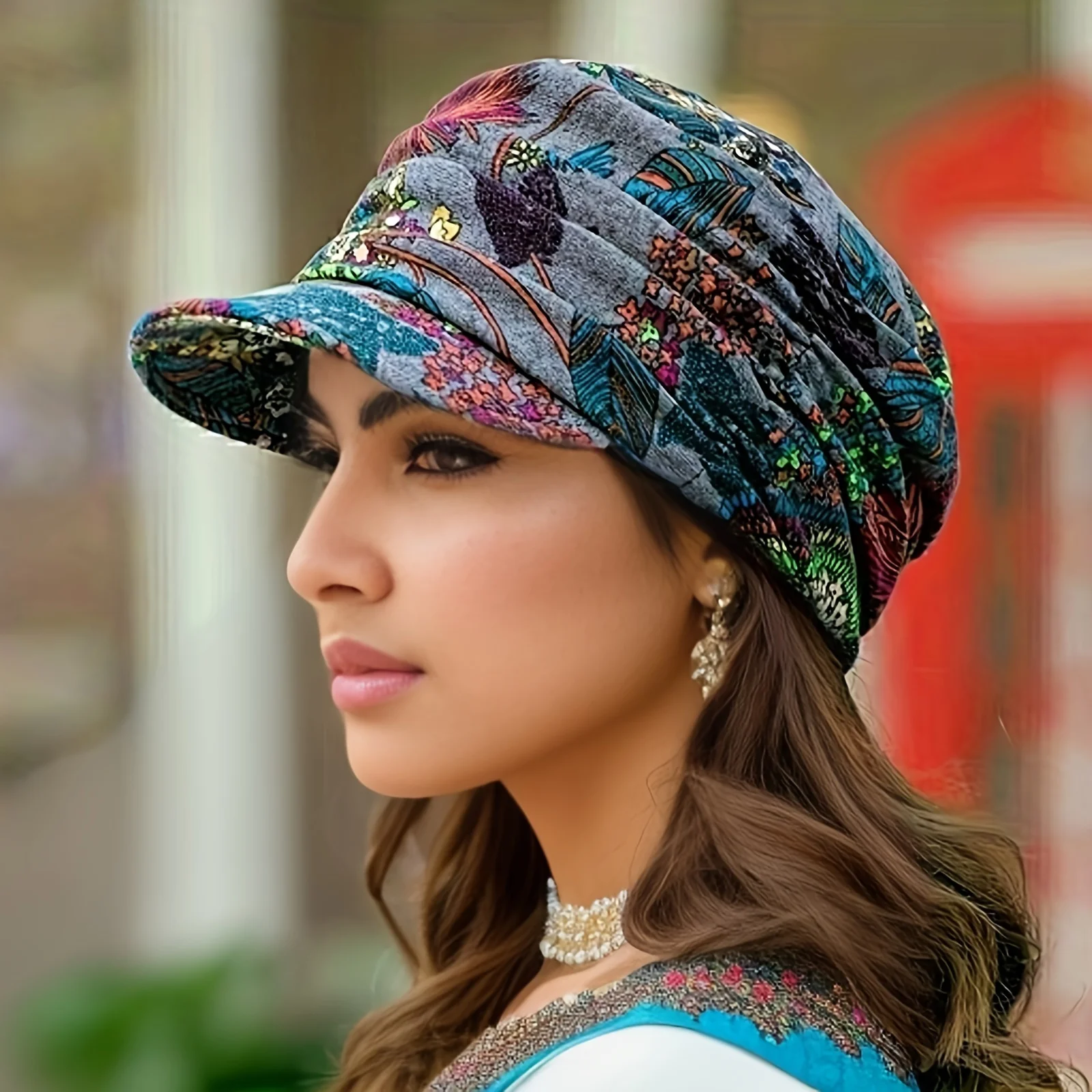Floral Print Peaked Cap Woman Comfortable and Soft Ear Protection  Winter Hat Warm and Foldable Ethnic Style Short Brimmed Hat 3