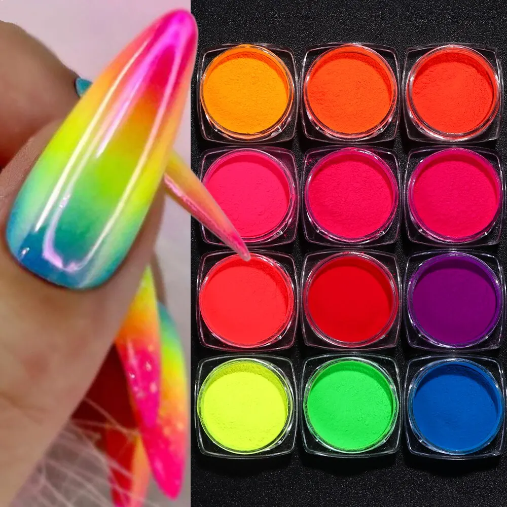 

2023 Neon Phosphor Pigment Powder Set 12pcs Fluorescent Nail Glitter Gradient Effect DIY Nail Art Halloween Decoration