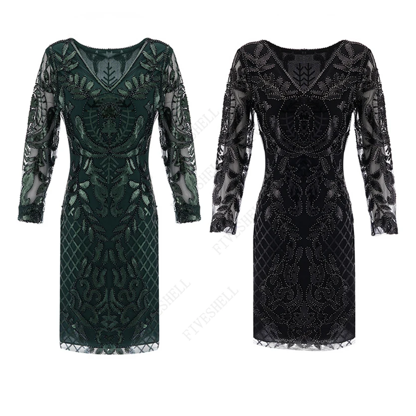 

1920s Party Dress V-neck Long-Sleeve Vestidos Costume Evening Beaded Sequin Art Dec Dress Elegant Vintage Great Gatsby Dress