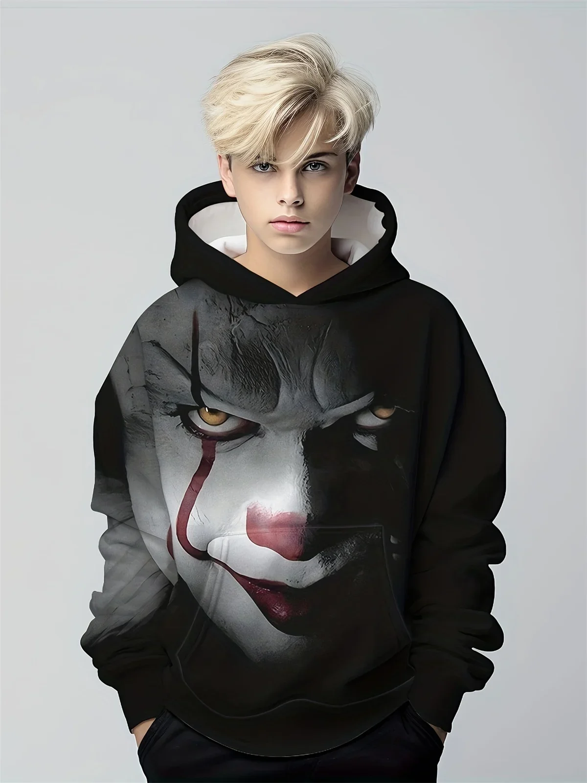 thumbnail image 1 of Ropa para niños, sudadera con capucha con estampado digital 3D de payaso aterrador de Halloween para niños, camisetas informales de poliéster de manga larga para primavera y otoño, ropa para niños, 1 of 4