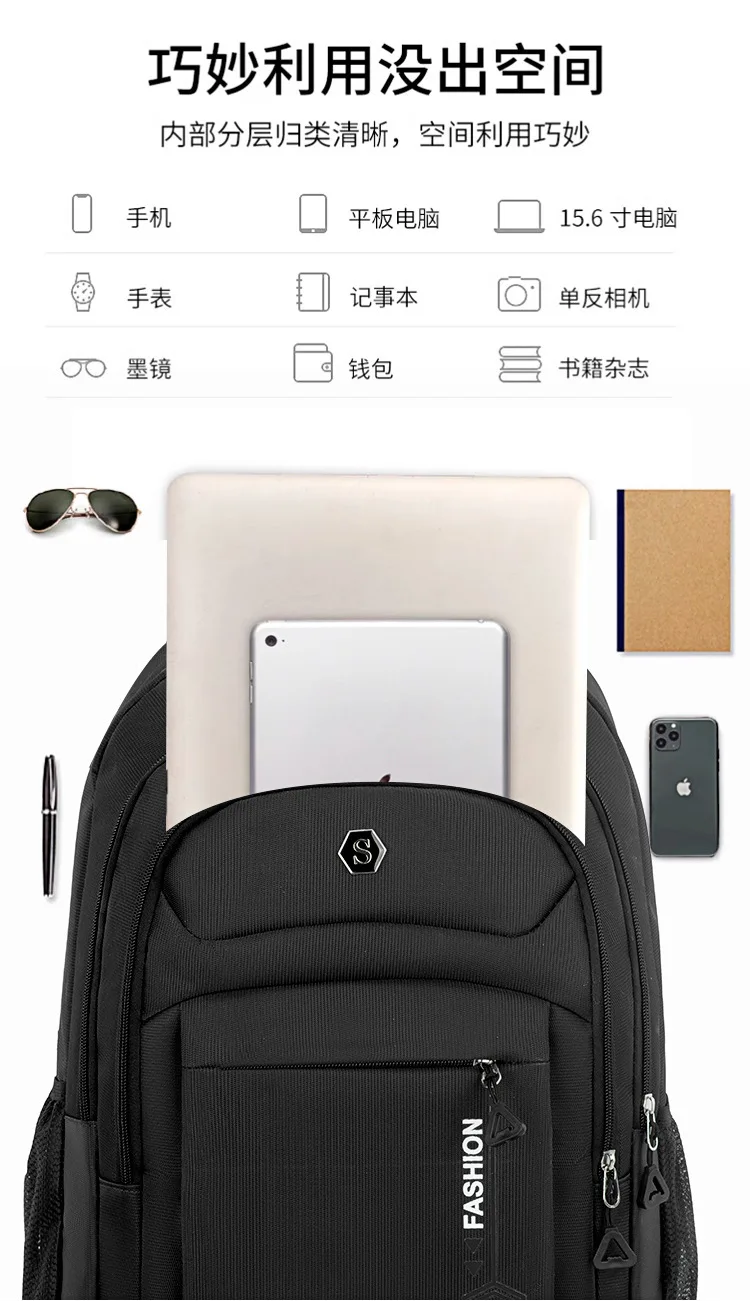 Rucksack mit großem Fassungsvermögen für Herren, geeignet für Mittelschule, Oberschule, College, kurze Reisen, verdickte doppelte Umhängetaschen – Detail 4