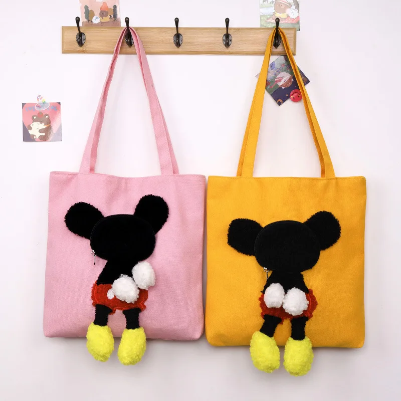 Custom  Cute Cartoon Canvas Hand Shopping Bag New Student Make-up Bag Large Capacity Plush Doll Women's Shoulder Bag