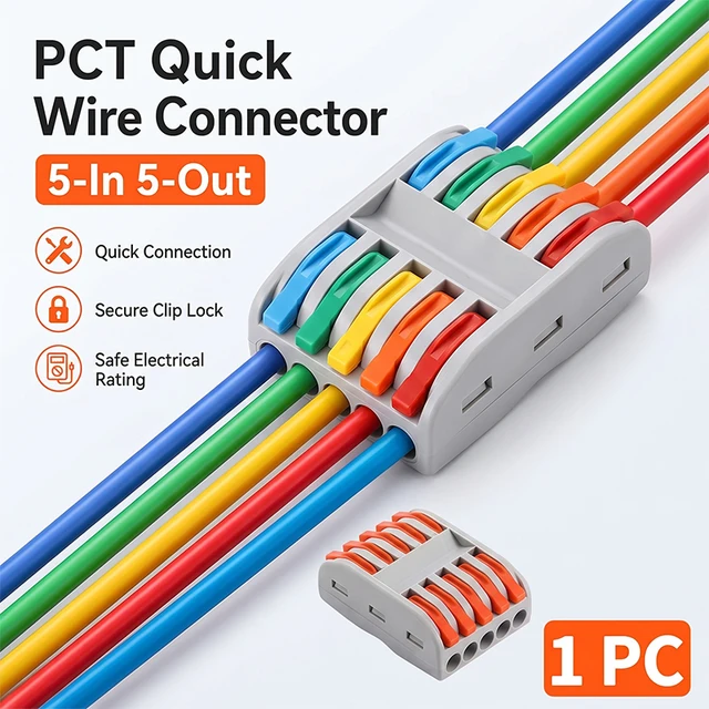 PCT Mini Fast Wiring Cable Connectors 5 in 5 Out 2-Position Push-in Universal Compact Splitter Electrical Home Terminal Block 1
