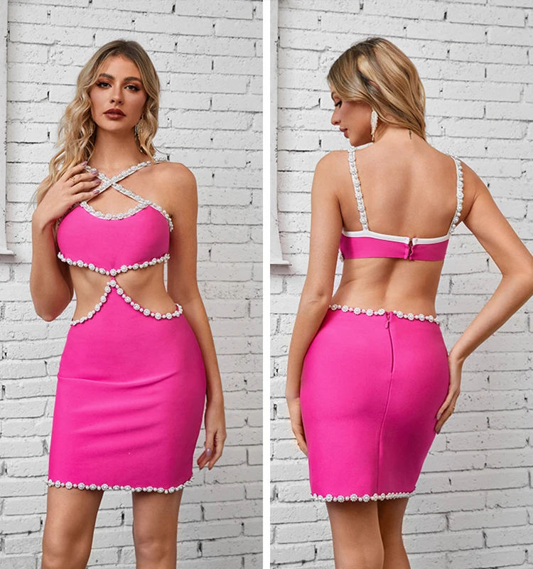 

Fashion Sleeveless Hollow Slim Bandage Dress 2023 Elegant Backless Fashion Sling Tight Beaded Mini Party Dress