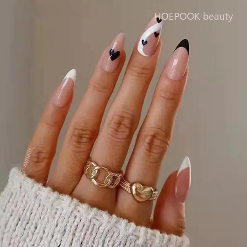 

24pcs Black White Heart Removable Fake Nails Art Reusable Press On Nail With Designs Full Coverage Waterproof False Nails Set