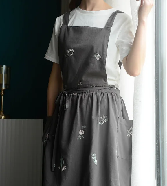 Embroidered Cotton Pinafore Apron Dress with Pockets
