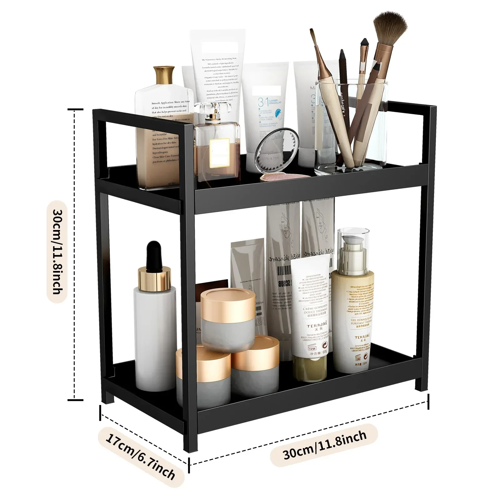 2 Tier Multifunctional Countertop Storage Rack,Bathroom Cosmetic Storage,Kitchen Spice Holder,Large-Capacity,Black and White 6