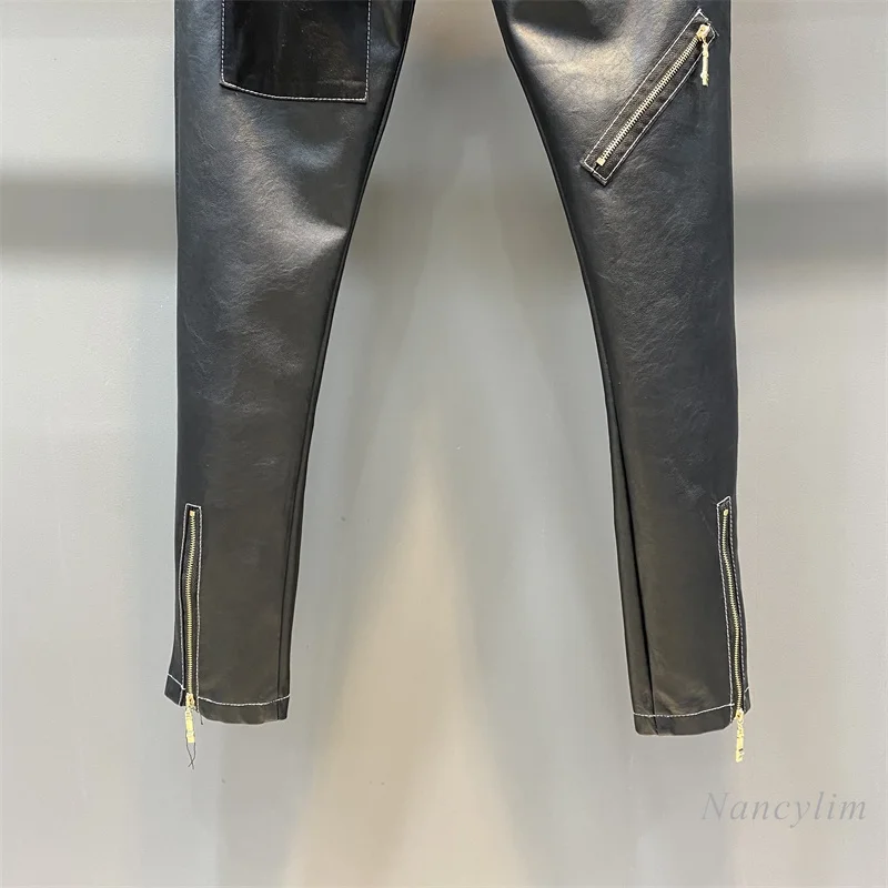 Autumn and Winter Zipper Motorcycle Leather Pants Women's Black