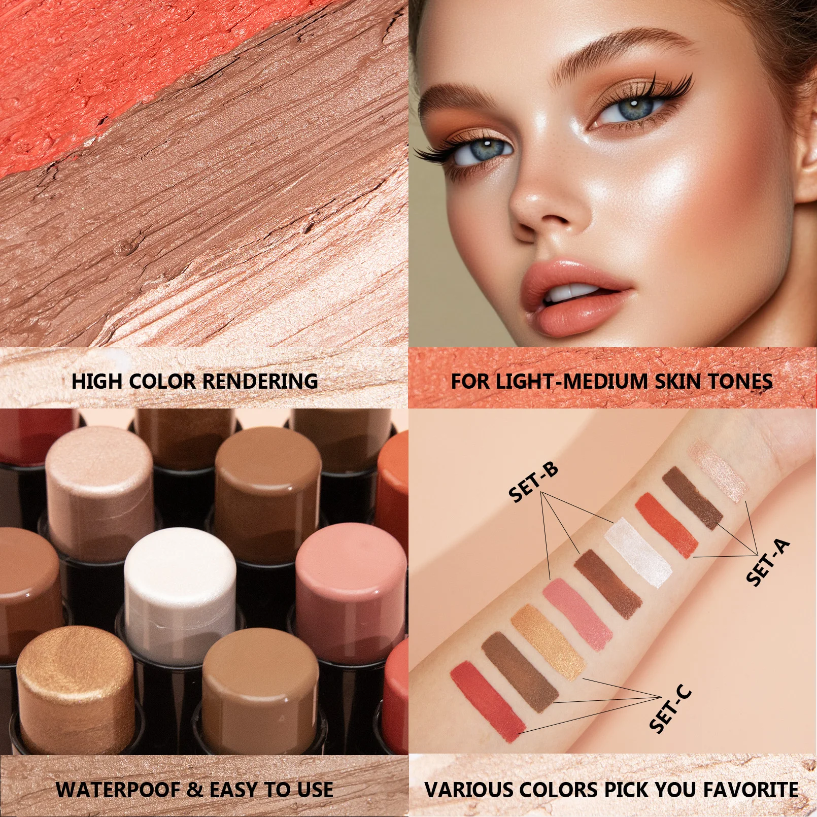4pcs Contour Stick Highlighter Stick Blush Stick Cream Contour Kit with Brush Create Face Contour Non-greasy