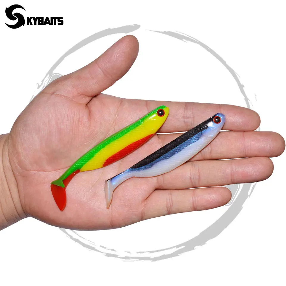 SKYBAIT 3Pcs/Lot 95MM/8G Soft Fishing Lure Shape T Tail Wobblers 3D Eyes  Artificial Bicolor Silicone Swimbait For Pike Carp Bass