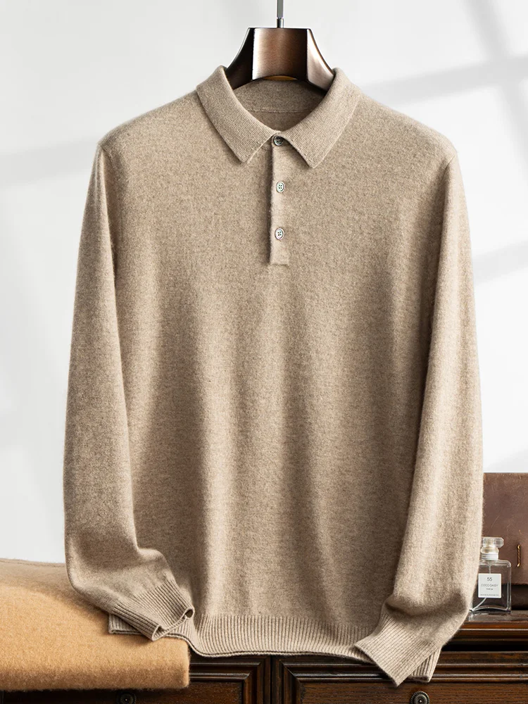 ANGEL 2024 Men's New POLO Shirt 100% Cashmere Knitted Pullover Solid Color Sweater Fall Winter Casual Business Office Jacket 4