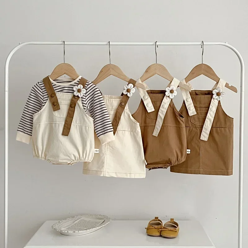 

Cute Newborn Baby Girl Clothes Korea Style Princess Kids Strap Flower Bodysuit Suspender Dress Striped T-shirt 3PC Autumn Outfit