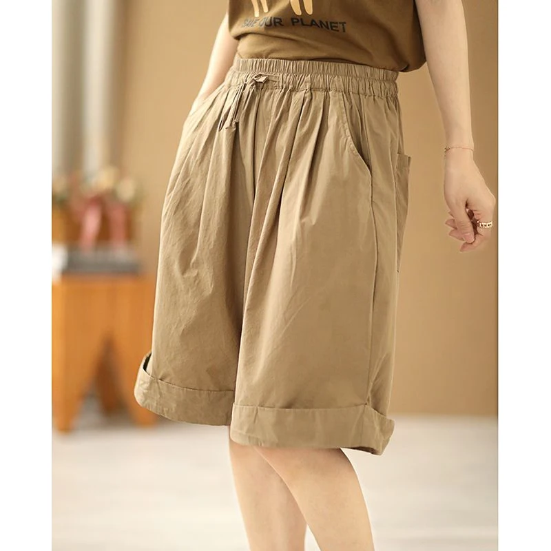 Women's Clothing Japanese Style Elastic High Waist Simple Beach Shorts Female Casual Streetwear Loose Wide Leg Knee Length Pants