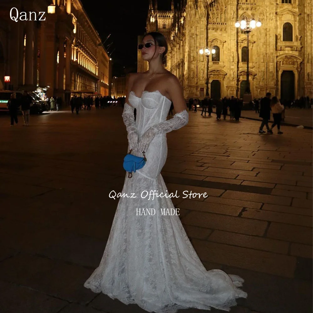 

Qanz Elegant Beach Lace Wedding Dress Mermaid Appliques Strapless Vestidos De Novia No Gloves Vestido De Noche Elegante Mujer