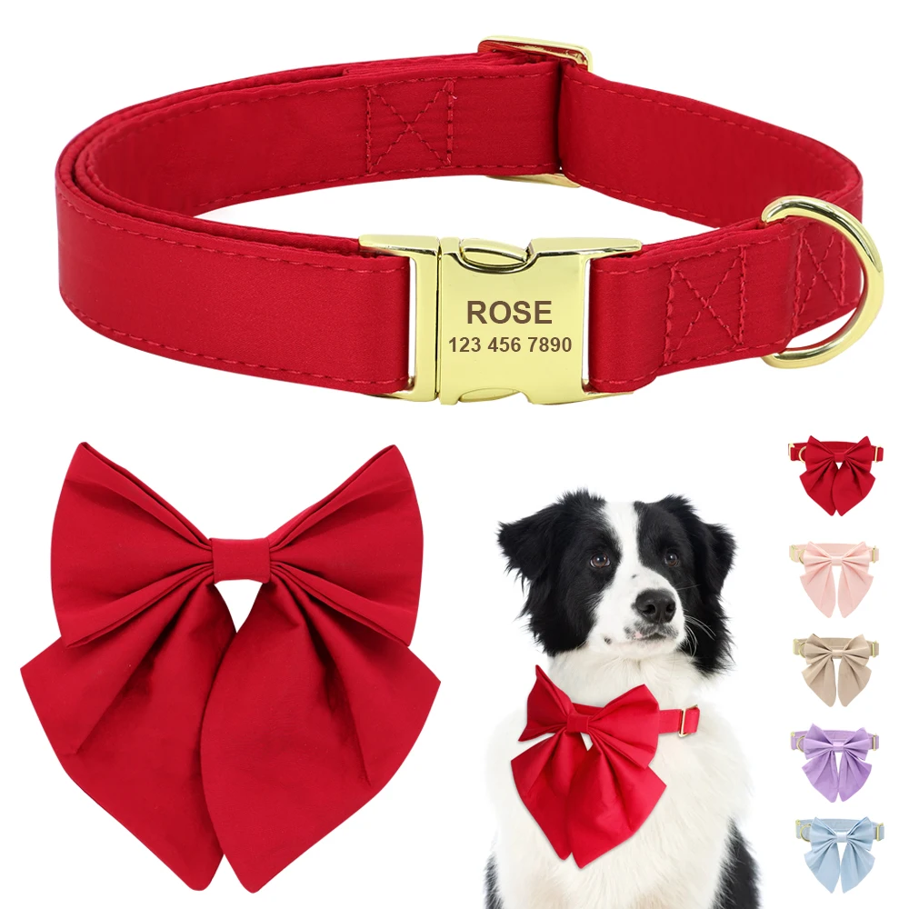 

Customized Silk Dog Collar Soft Bow Tie Pet Collars Flower Bowknot Puppy Collar Personalized ID Name For Small Medium Large Dogs