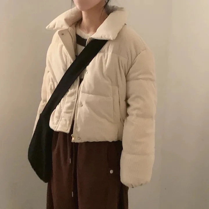 Korean Sle Quilted Corduroy ort Coat Women's Winter Faion Versatile Single Button Cotton Jaet Stand Collar