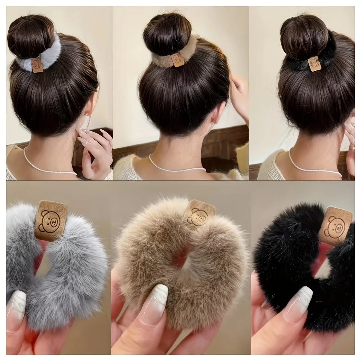 3pcs Plush Bear Hair Ties High Elasticity Soft Durable Scrunchie for Ponytails Buns Vintage Black Autumn Winter Cute Design