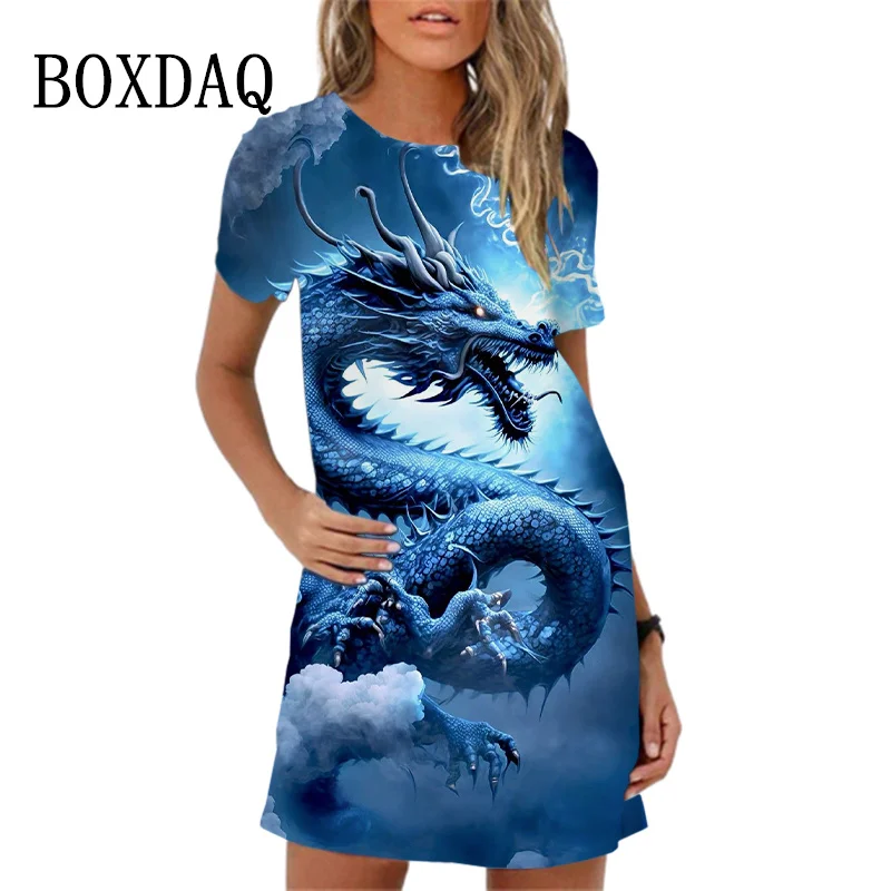 Summer Cute Cartoon Print Dress Oversize Short Sleeve O-Neck Loose Mini Dress High Street Casual 3D Dragon Pattern Women Dresses