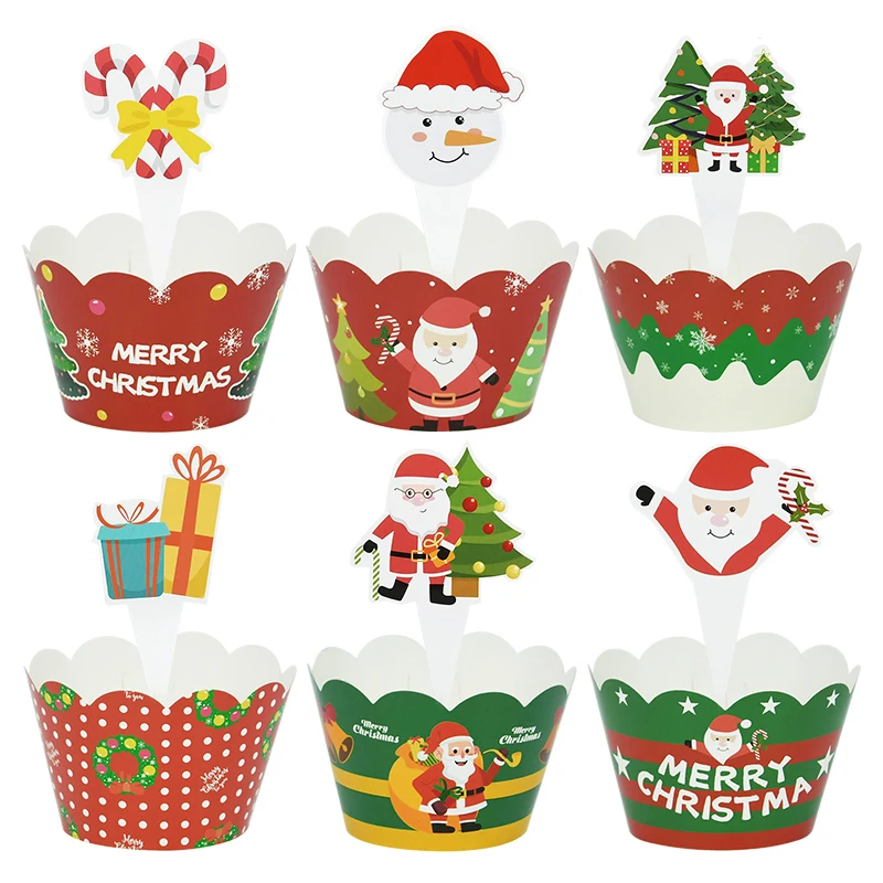 

12pcs Christmas Cupcake Wrapper Santa Claus Xmas Tree Cake Topper Bake Christmas Cake Paper Liner Wraps Muffin Case DIY Supplies